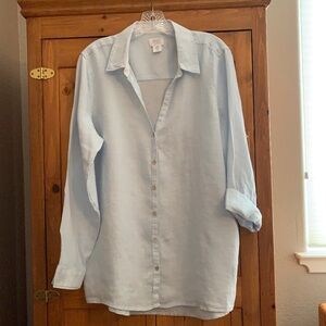 Sigrid Olsen Oversized 100% Linen V-Neck Tunic Blouse, Light Blue, XL
